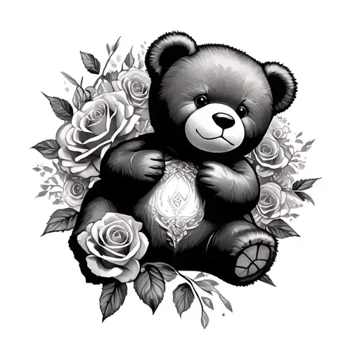 Teddy Bear And Roses Surrounding