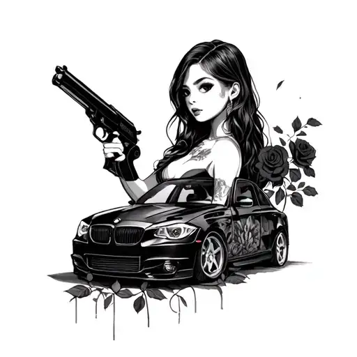 Girl Holding Guns On Import Car With Black Roses Growing