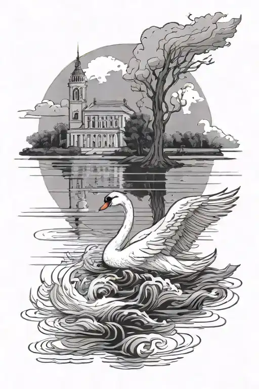 A Swan Swimming In The Lake With Art Museum In The Background While Their Is A Storm Going On