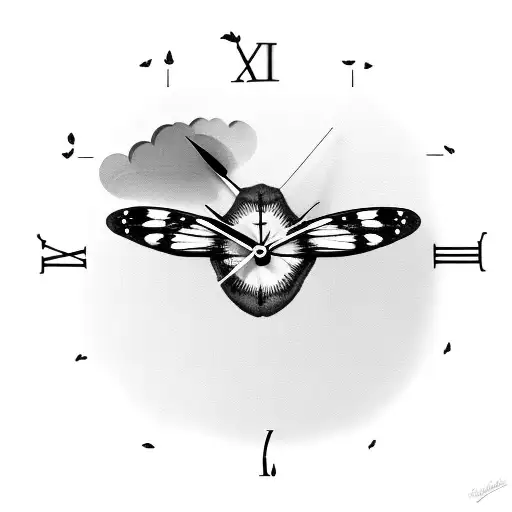 Butterfly Perched On A Clock Hand With Clouds And Shades