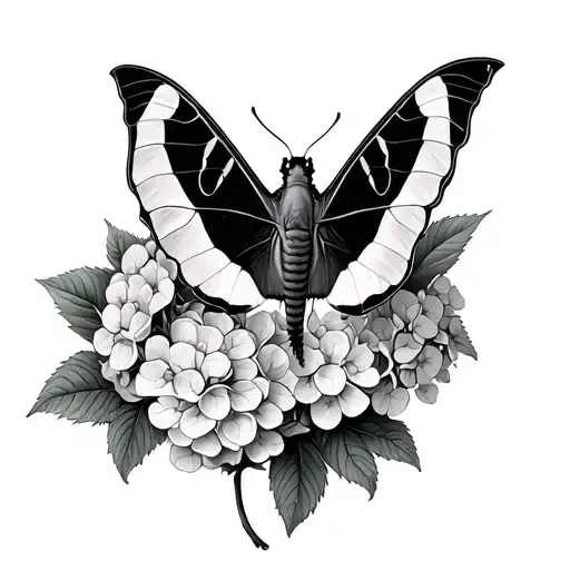 Luna Moth On Hydrangea Flowers