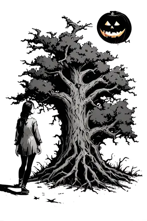 Girl In Tattered Clothes Walking Towards Dead Hallow Tree