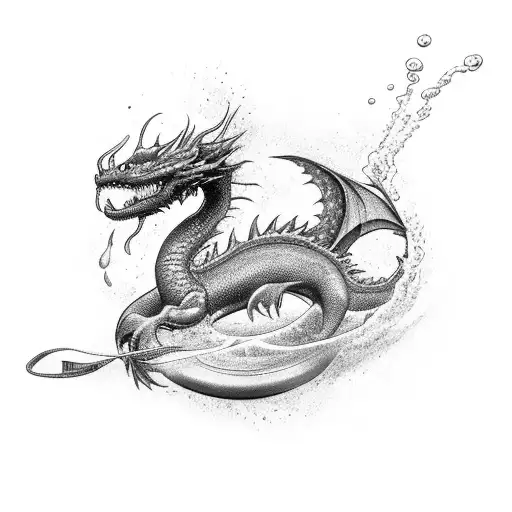A Black-grey Tattoo Of A Swimmer Diving Into A Pool With A Dragon Painted On The Water's Surface