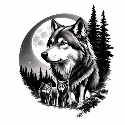 Wolf Bicep Tattoo With Smaller Wolves In The Background Surrounded By Trees And The Moon