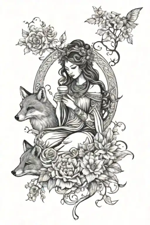 Goddess Surrounded By Flowers And A Fox Reading A Book