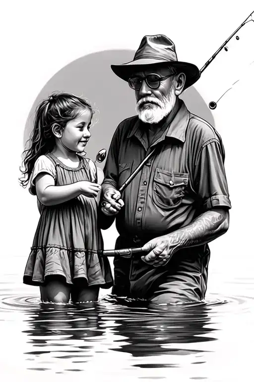 Grandpa And Granddaughter Fishing Scene