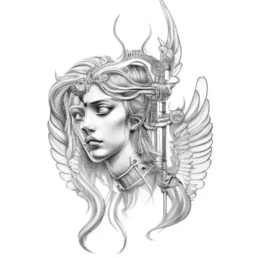 An Intricate Black And Grey Tattoo Of A Barber Pole With Angelic Figures