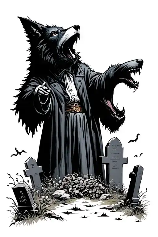 Plague Doctor With Giant Black Wolf Howling In A Cemetery