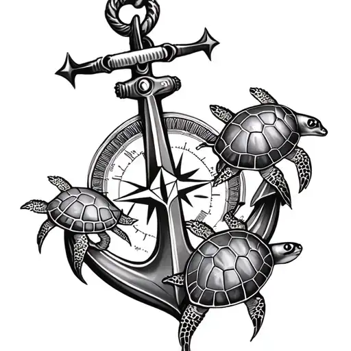 Nautical Compass Anchor And 5 Baby Sea Turtles