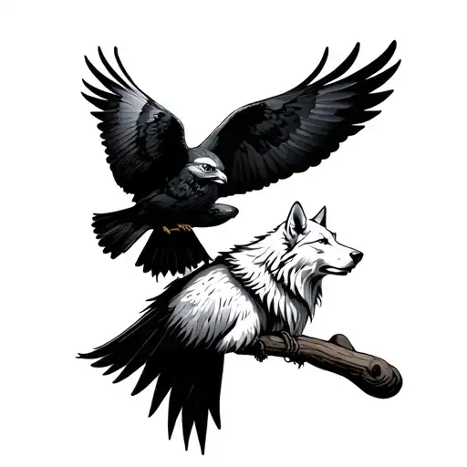 White Wolf And Black Kestrel Perched On Their Shoulder