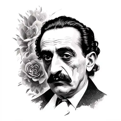 Salvador Dali Potrait With His Artwork Background Black And White