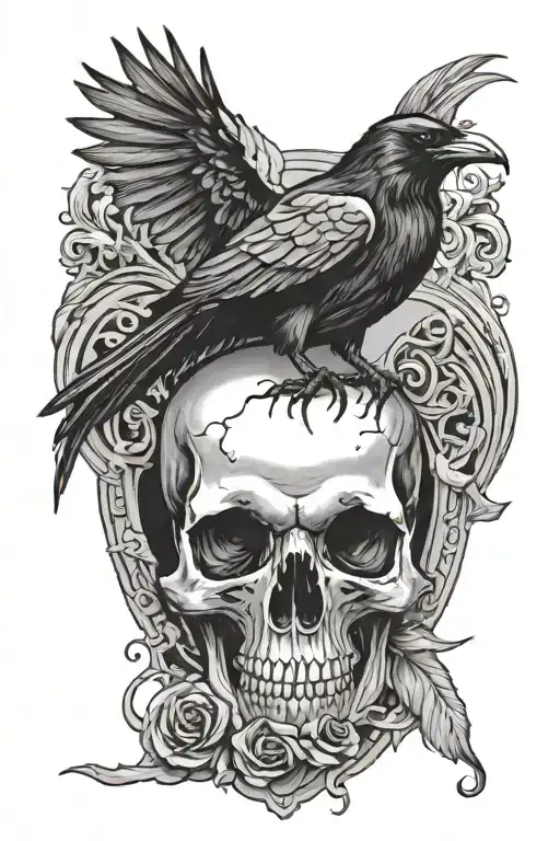 Raven Standing On Top Vampire Skull