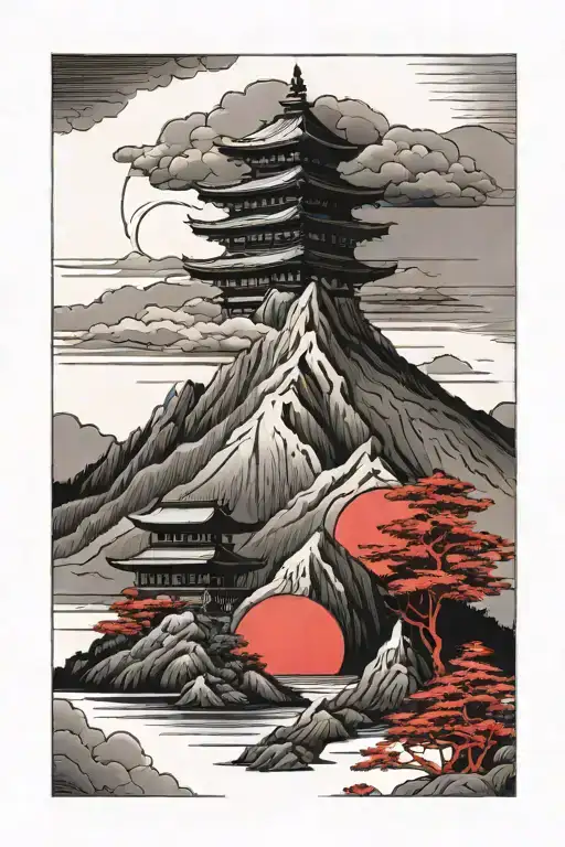 Japan Mountains With Temple And Red Sun Setting