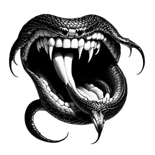 Human Mouth With A Tongue Of Snake That Comes Out And 2 Fangs On Each Side