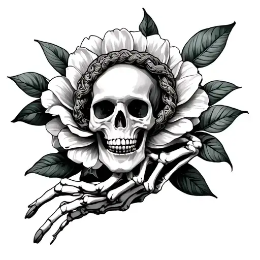 A Skeleton Hand Holding Onto A Flower With A Medusa Head In The Flower