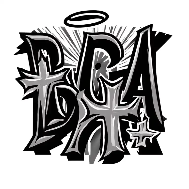 3 Small Crosses With Sun Rays The Letters Bca In Small Cursive Letters With A Halo On Top