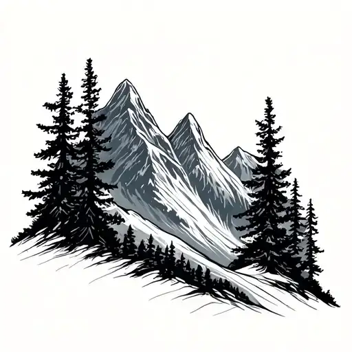Linework Mountain With Trees