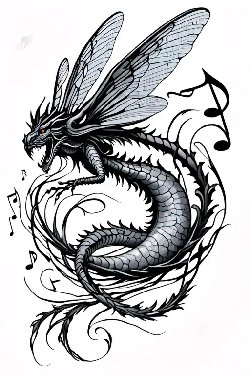 Dragon Fly And Music Notes Swirling