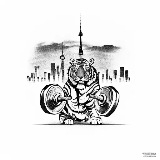 A Powerful Tiger Lifting Weights In A Gym With The Toronto Skyline In The Background