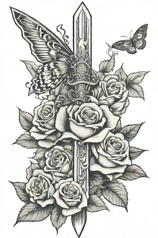 Sword With Roses And A Moth Going Vertical