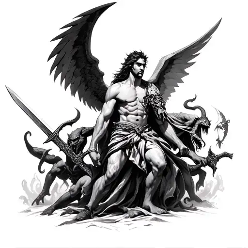 Angle Micheal With A Sword At War With Demons