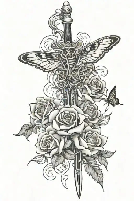 Sword With Roses And A Moth Going Vertical