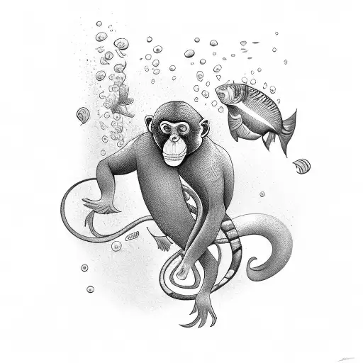 An Underwater Scene With A Diving Monkey Surrounded By Colorful Fish