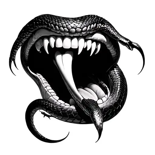 Human Mouth With A Tongue Of Snake That Comes Out And 2 Fangs On Each Side