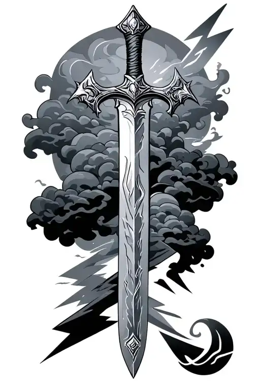 Odins Sword With Clouds And Lightning Bolt