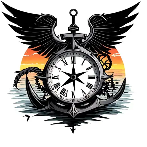 Sunset Background W Cross And Anchor And Compass With Broken Clock