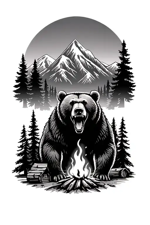 Grizzly Bear Roaring With The Top Having Redwood Trees And Mountains Also A Campfire And A Log Cabin