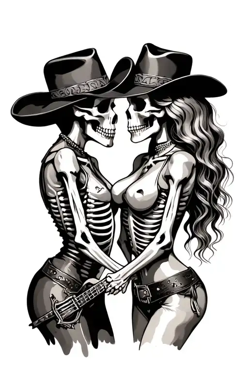 Tattoo Of Lovers Represented By Skeletons Wearing Cowboy Accessories