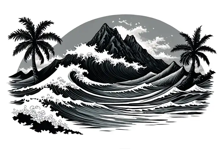 Mountain Ocean Waves Palm Tree