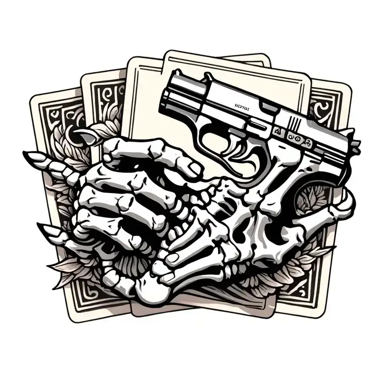 Cards With Skeleton Hand And Pistol