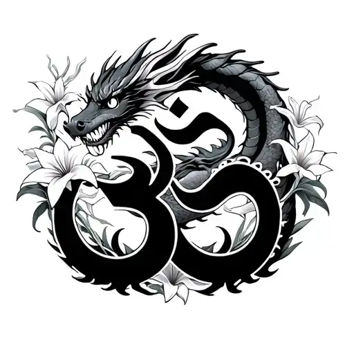 Dragon Wrapped Around An Om Symbol With Lilium Flowers Around It