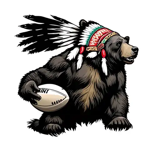 Grizzly Bear Playing Rugby Wearing Indian Headdress