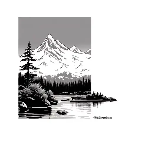 Trees With Some Bushes On Edge Of River With Mountains In The Background