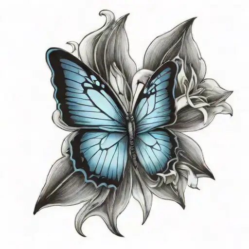 Blue Butterfly Open Wings With Lily Flower On The Side
