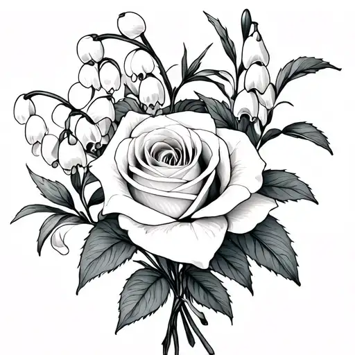 Lily Of The Valley And Rose Bouquet Fine Line Drawing