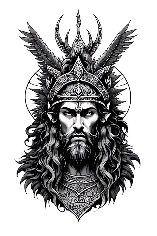 A Tattoo With A Motif Of Slavic Deities In A Dark Atmosphere