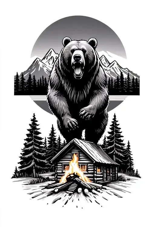 Grizzly Bear Roaring With The Top Having Redwood Trees And Mountains Also A Campfire And A Log Cabin