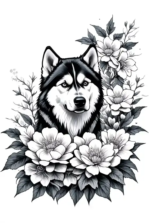 Japanese Flowers Growing With Husky In Middle Surrounded