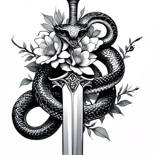 Snake Wrapped Around Dagger And The Body Of Snake Is Flowers
