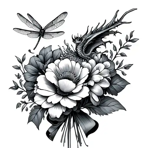 Birth Flower Boquet Held Together By Ribbon Including A Dragon Fly