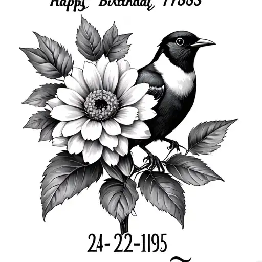 Flower With Magpie Perched With Birthday Date 24-02-1965