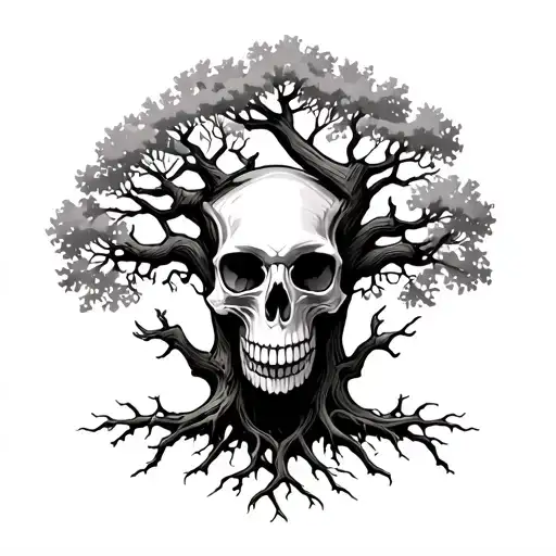 Front Facing Skull With Oak Tree Branches Growing Through It With A Long Trunk With Roots