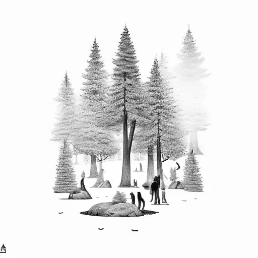 A Peaceful Scene Of Friends Exploring A Mystical Forest With Black-grey Shading