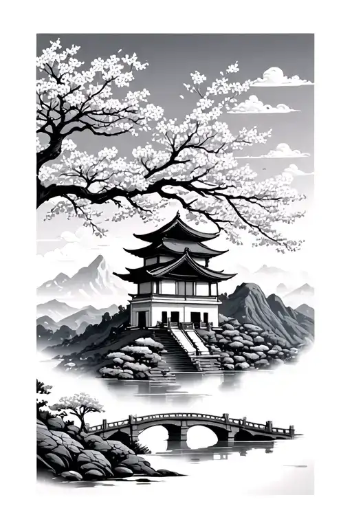 Temple With Blossom Tree Mountain Sunset Background With A Small Bridge Going Towards The Temple