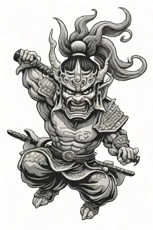 Samurai Warrior Oni Mask Mount Fuji Background Black