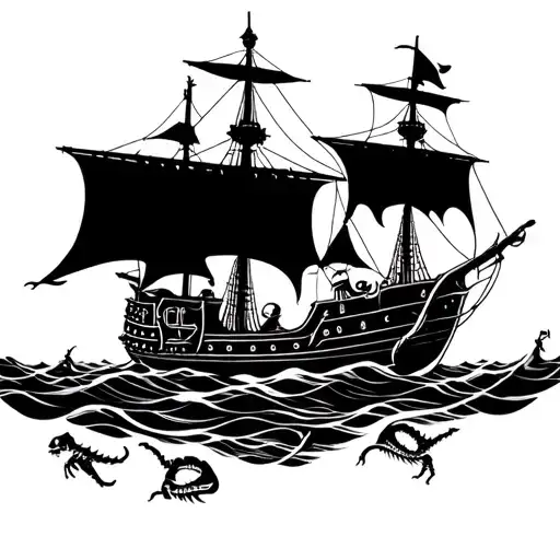 Pirate Ship Above Water With Rum And Sea Monsters Underwater With Skeletons